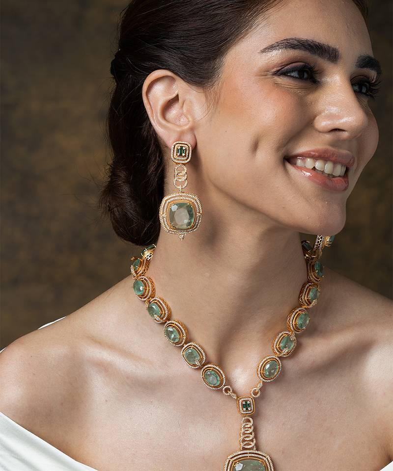 Gold plated kundan turquoise stones necklace set