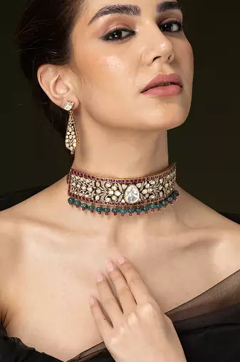 Gold plated kundan red stones choker necklace set