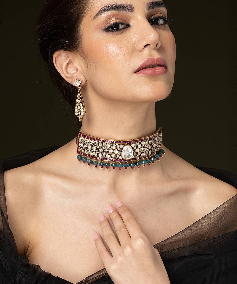 Gold plated kundan red stones choker necklace set