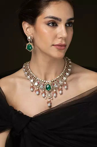 Gold plated kundan green stones necklace set