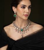 Gold plated kundan green stones necklace set