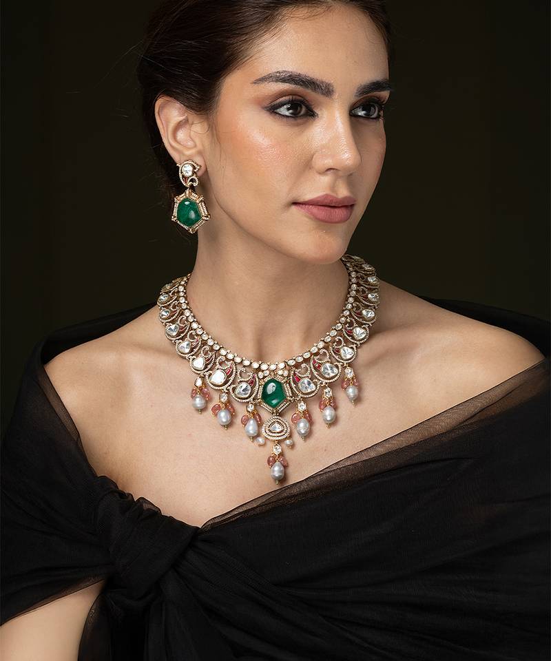 Gold plated kundan green stones necklace set