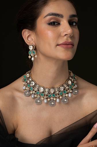 Gold plated kundan green stones necklace set