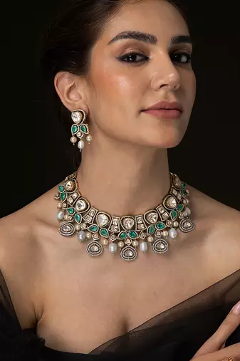 Gold plated kundan green stones necklace set