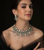 Gold plated kundan green stones necklace set