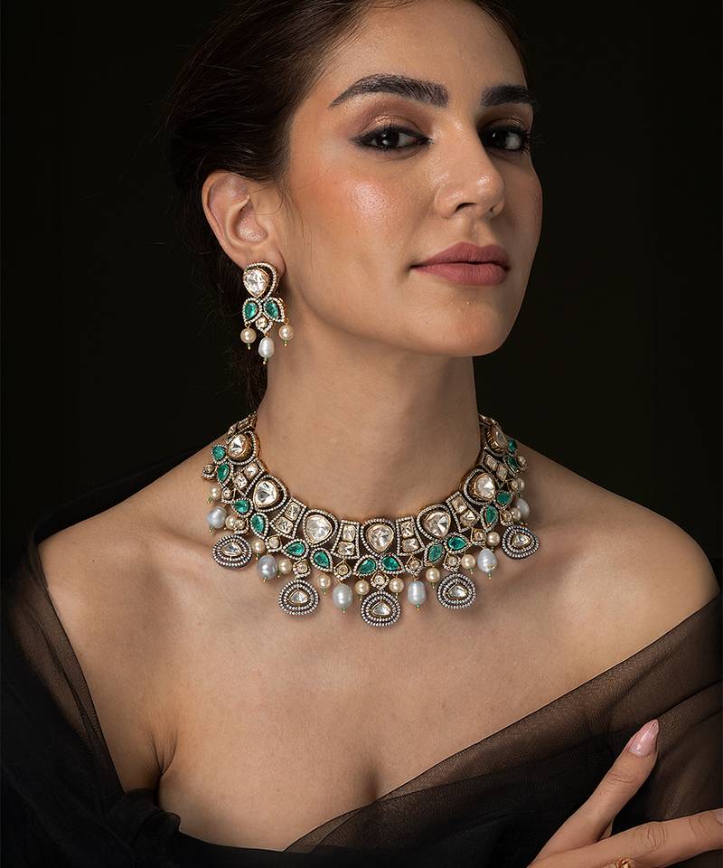 Gold plated kundan green stones necklace set