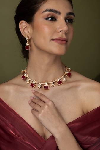 Gold plated kundan red stones necklace set