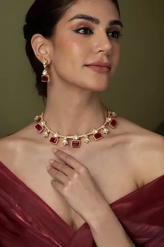 Gold plated kundan red stones necklace set
