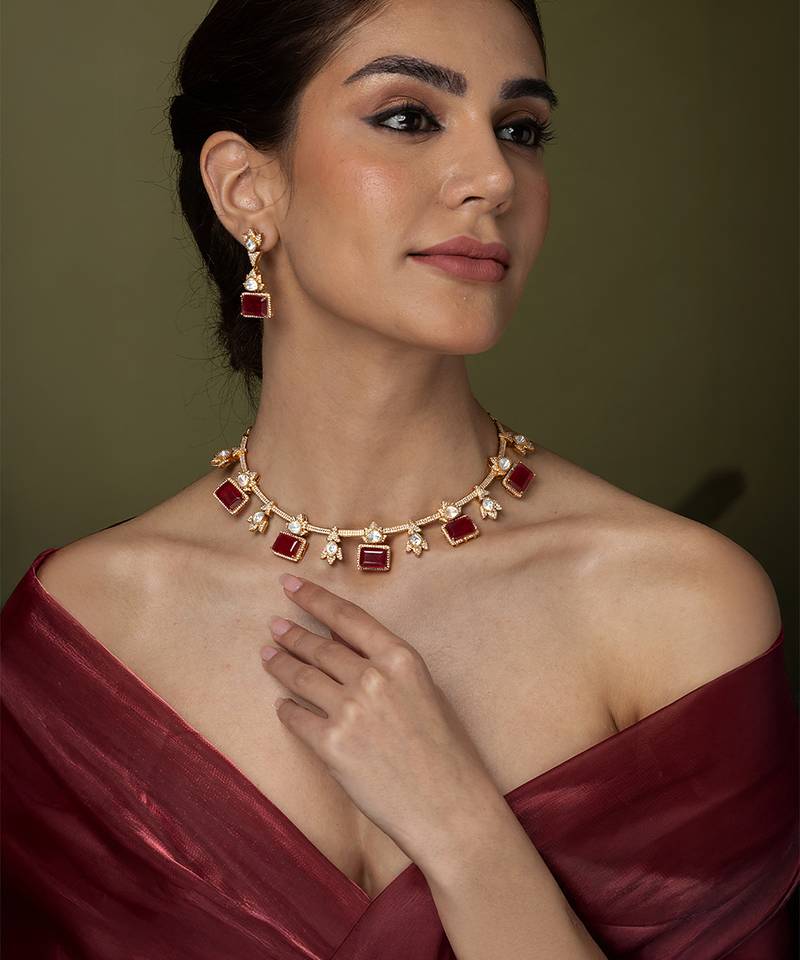 Gold plated kundan red stones necklace set