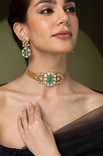 Gold plated kundan green stones choker necklace set