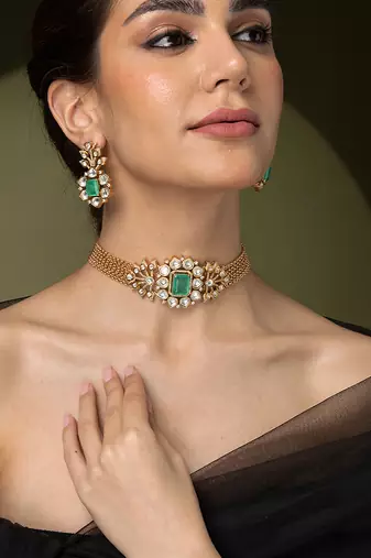 Gold plated kundan green stones choker necklace set