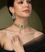 Gold plated kundan green stones choker necklace set