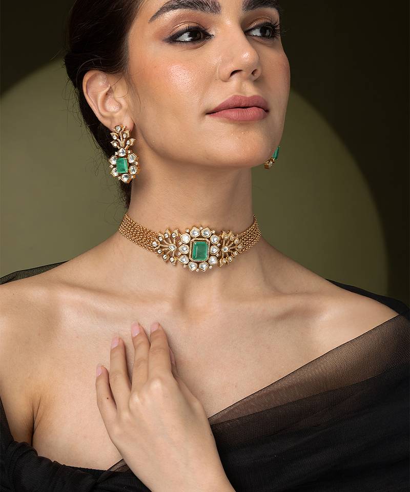 Gold plated kundan green stones choker necklace set