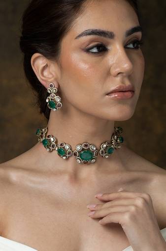 Gold plated kundan green stones choker necklace set