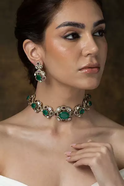 Gold plated kundan green stones choker necklace set