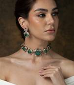 Gold plated kundan green stones choker necklace set