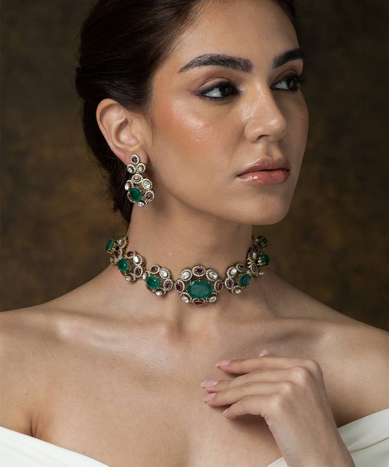 Gold plated kundan green stones choker necklace set
