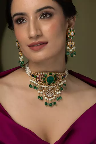Gold plated kundan green stones choker necklace set