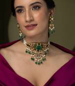 Gold plated kundan green stones choker necklace set