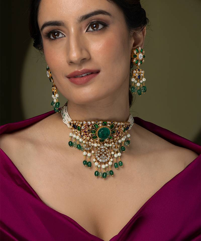 Gold plated kundan green stones choker necklace set