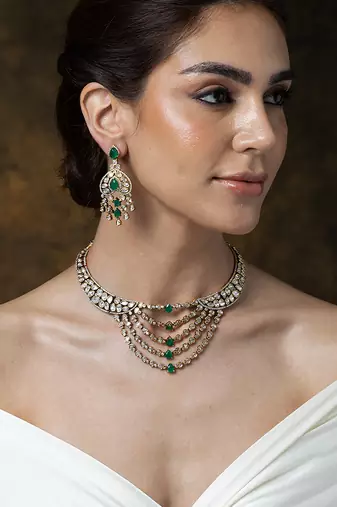Gold plated kundan green stones necklace set