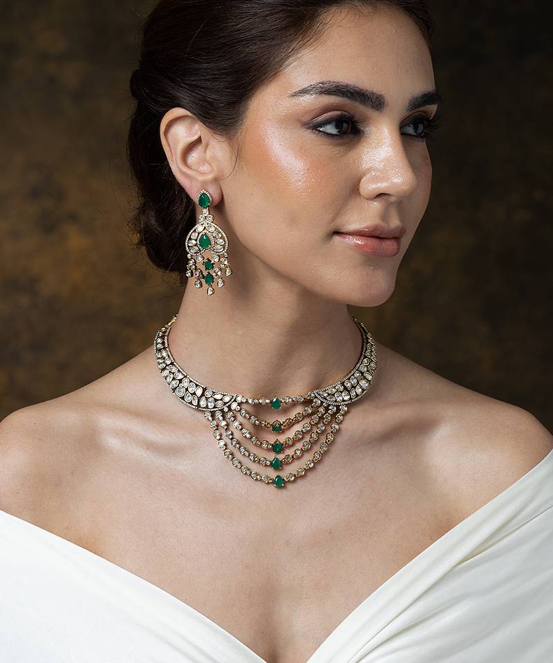 Gold plated kundan green stones necklace set