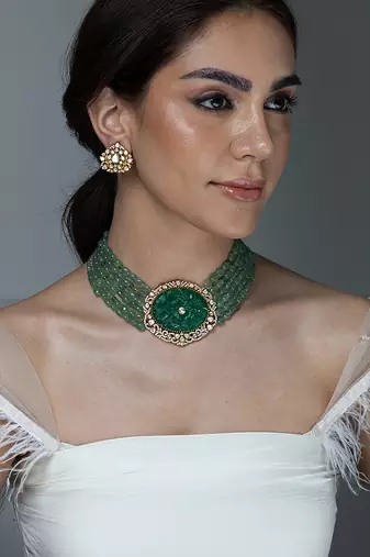 Gold plated kundan green stones choker necklace set