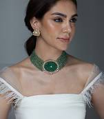 Gold plated kundan green stones choker necklace set
