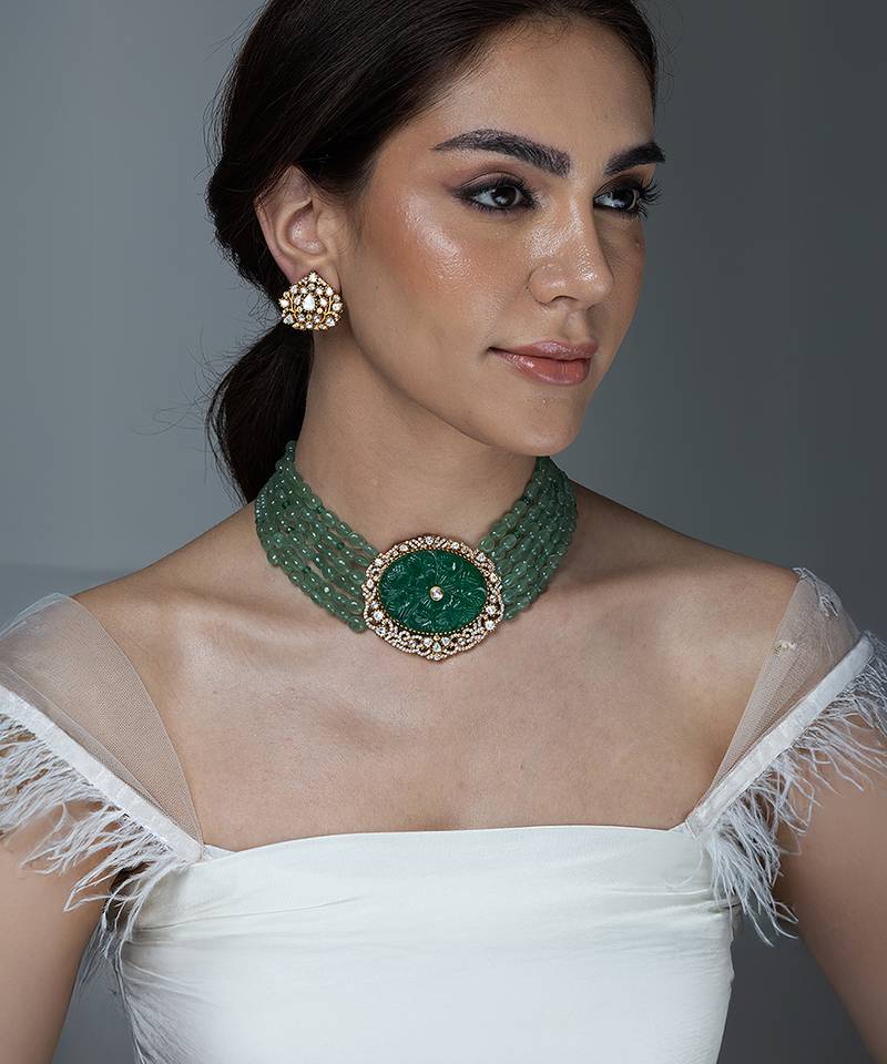 Gold plated kundan green stones choker necklace set