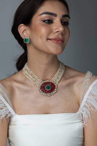 Gold plated kundan red stones necklace set