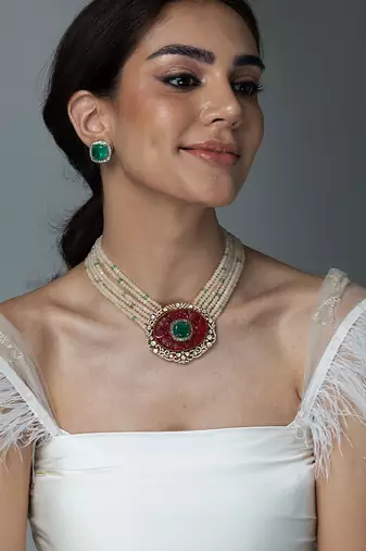 Gold plated kundan red stones necklace set