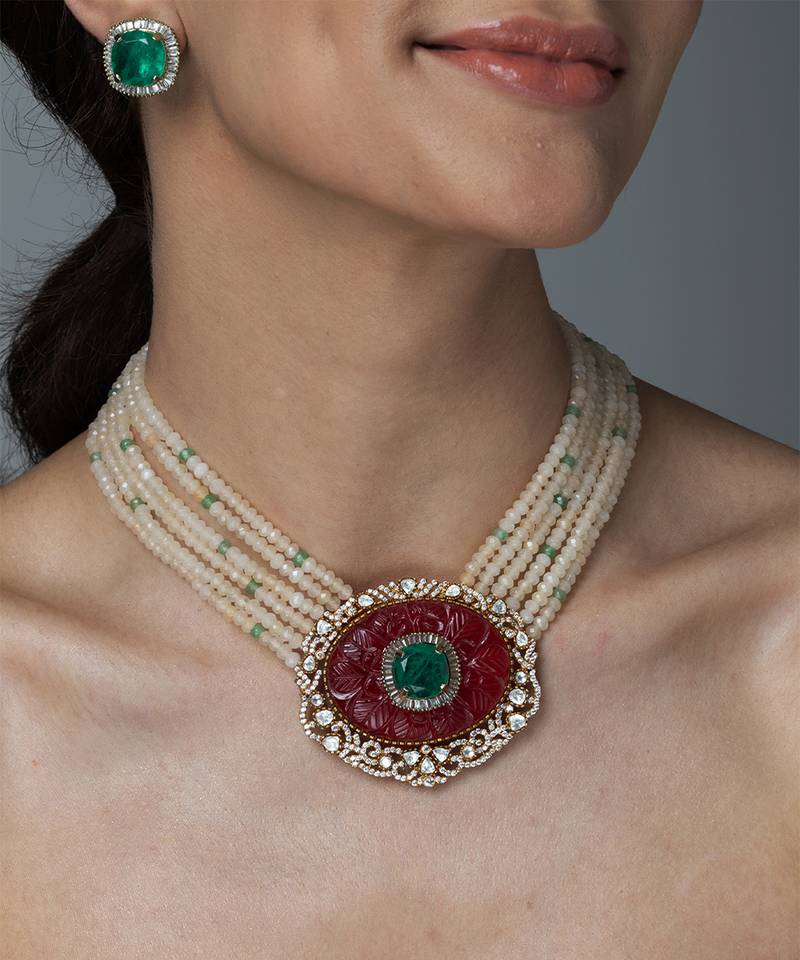 Gold plated kundan red stones necklace set