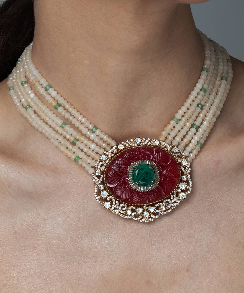 Gold plated kundan red stones necklace set