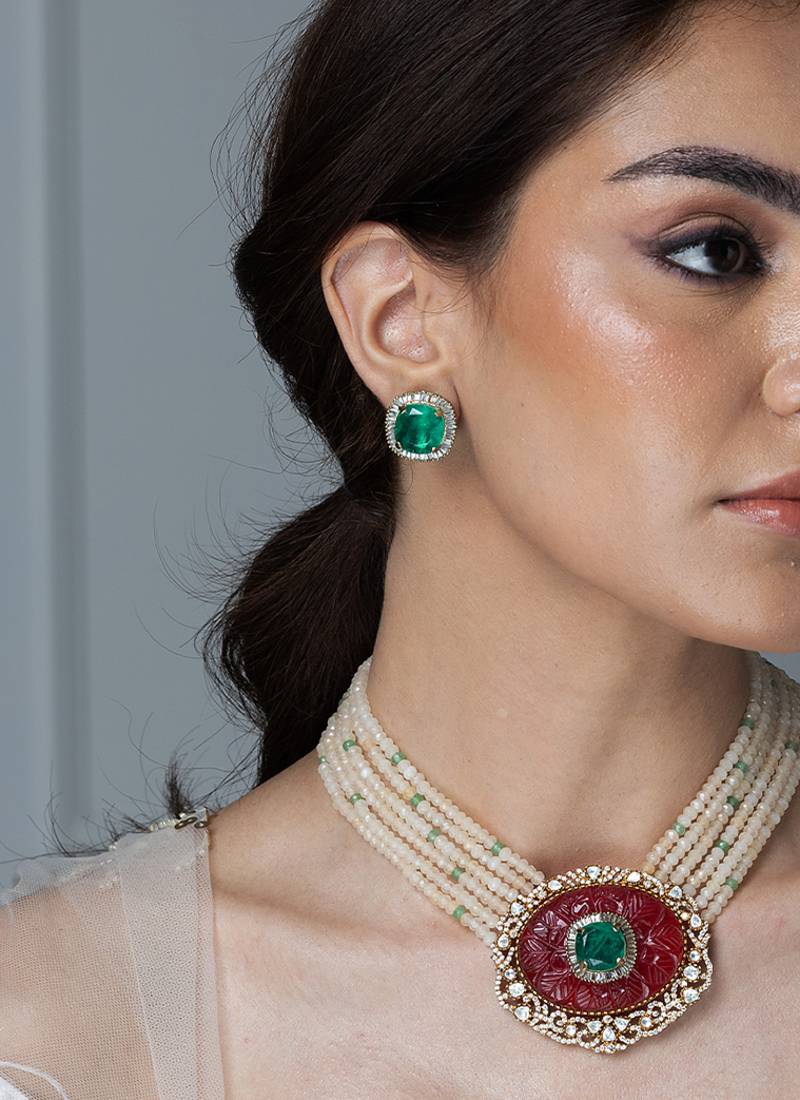 Gold plated kundan red stones necklace set