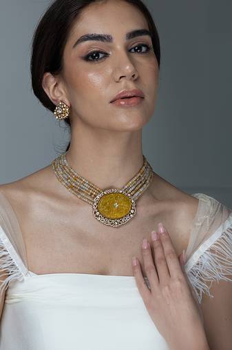 Gold plated kundan yellow stones necklace set