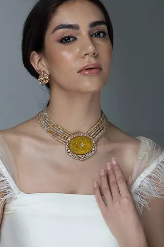 Gold plated kundan yellow stones necklace set