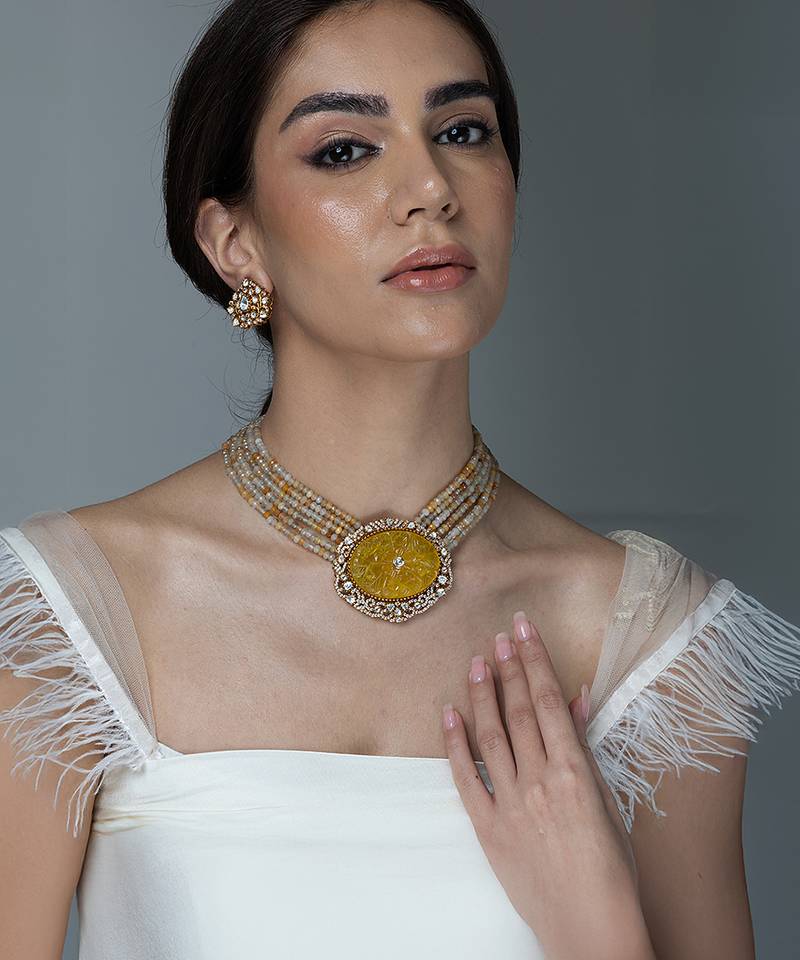 Gold plated kundan yellow stones necklace set