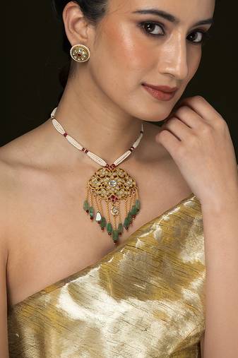 Gold plated kundan green stones necklace set