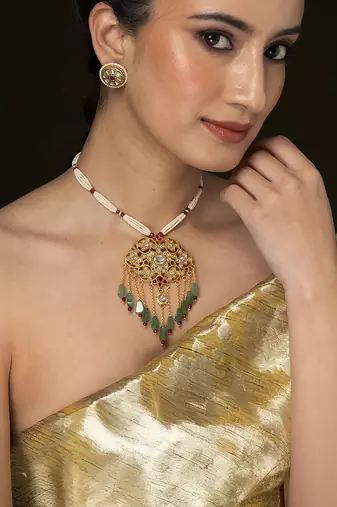 Gold plated kundan green stones necklace set
