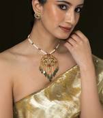 Gold plated kundan green stones necklace set