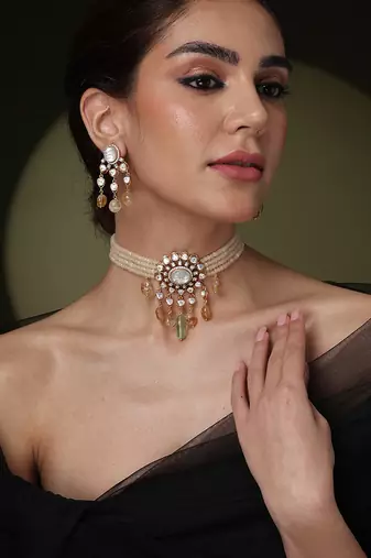 Gold plated kundan multicolor stones choker necklace set