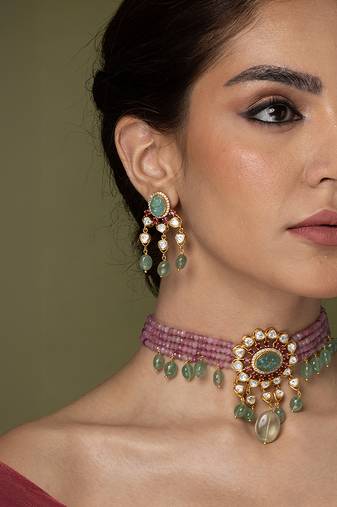 Gold plated kundan multicolor stones choker necklace set