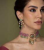 Gold plated kundan multicolor stones choker necklace set