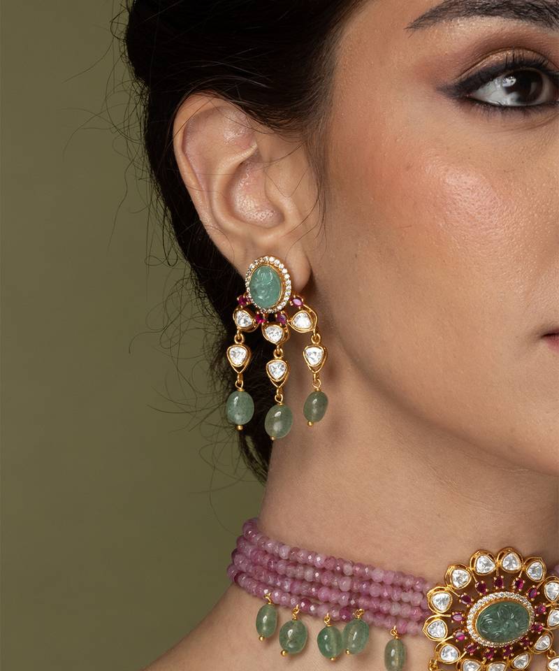 Gold plated kundan multicolor stones choker necklace set