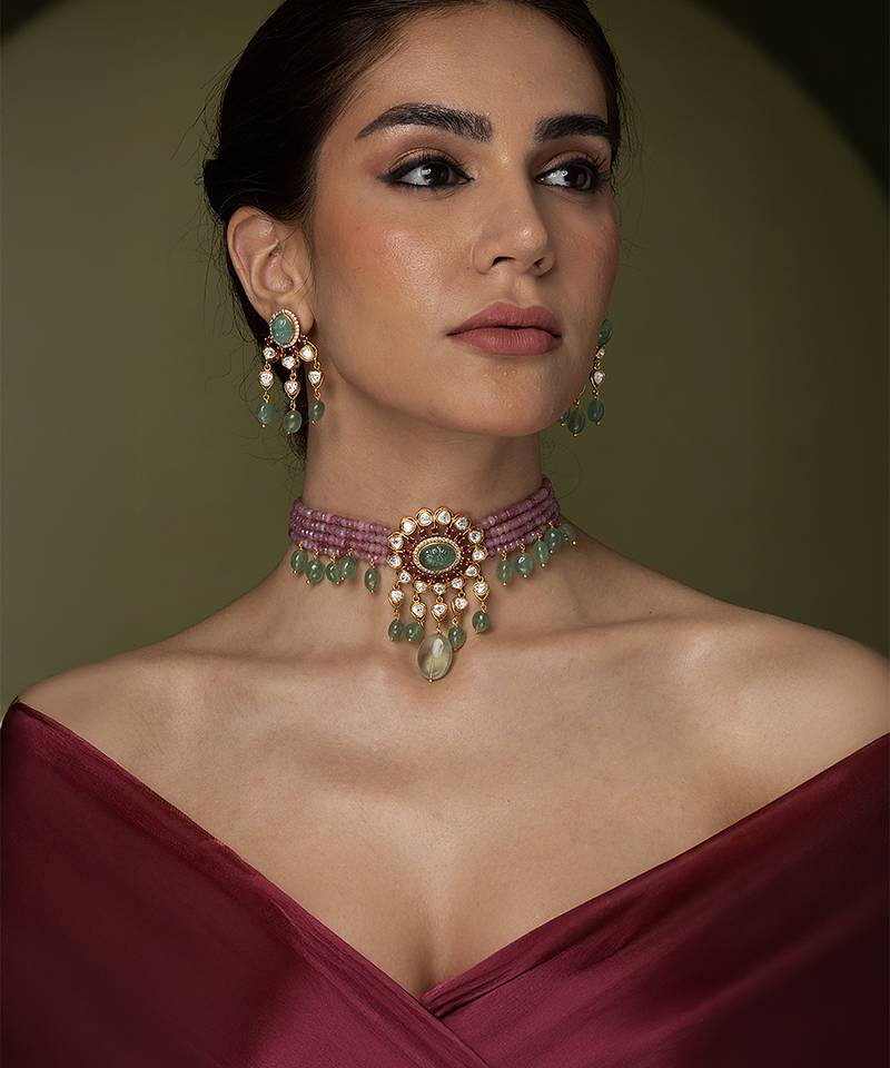 Gold plated kundan multicolor stones choker necklace set