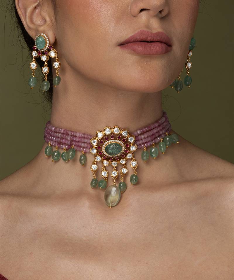 Gold plated kundan multicolor stones choker necklace set