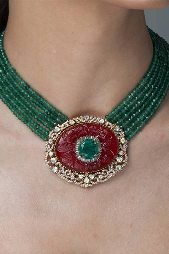 Gold plated kundan green stones necklace set