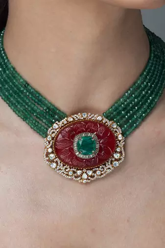 Gold plated kundan green stones necklace set