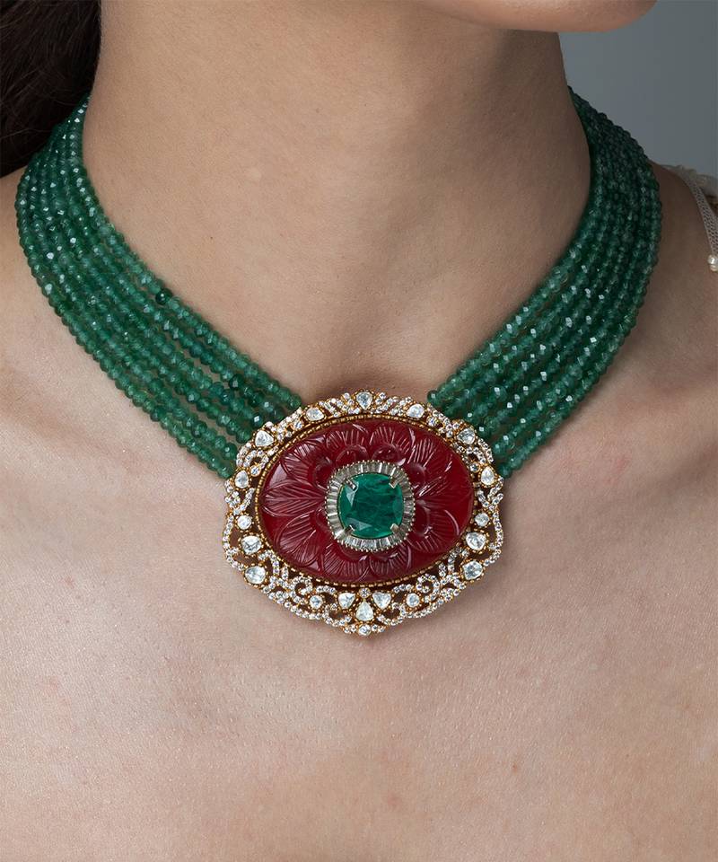 Gold plated kundan green stones necklace set