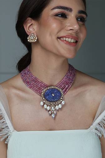 Gold plated kundan pink stones necklace set